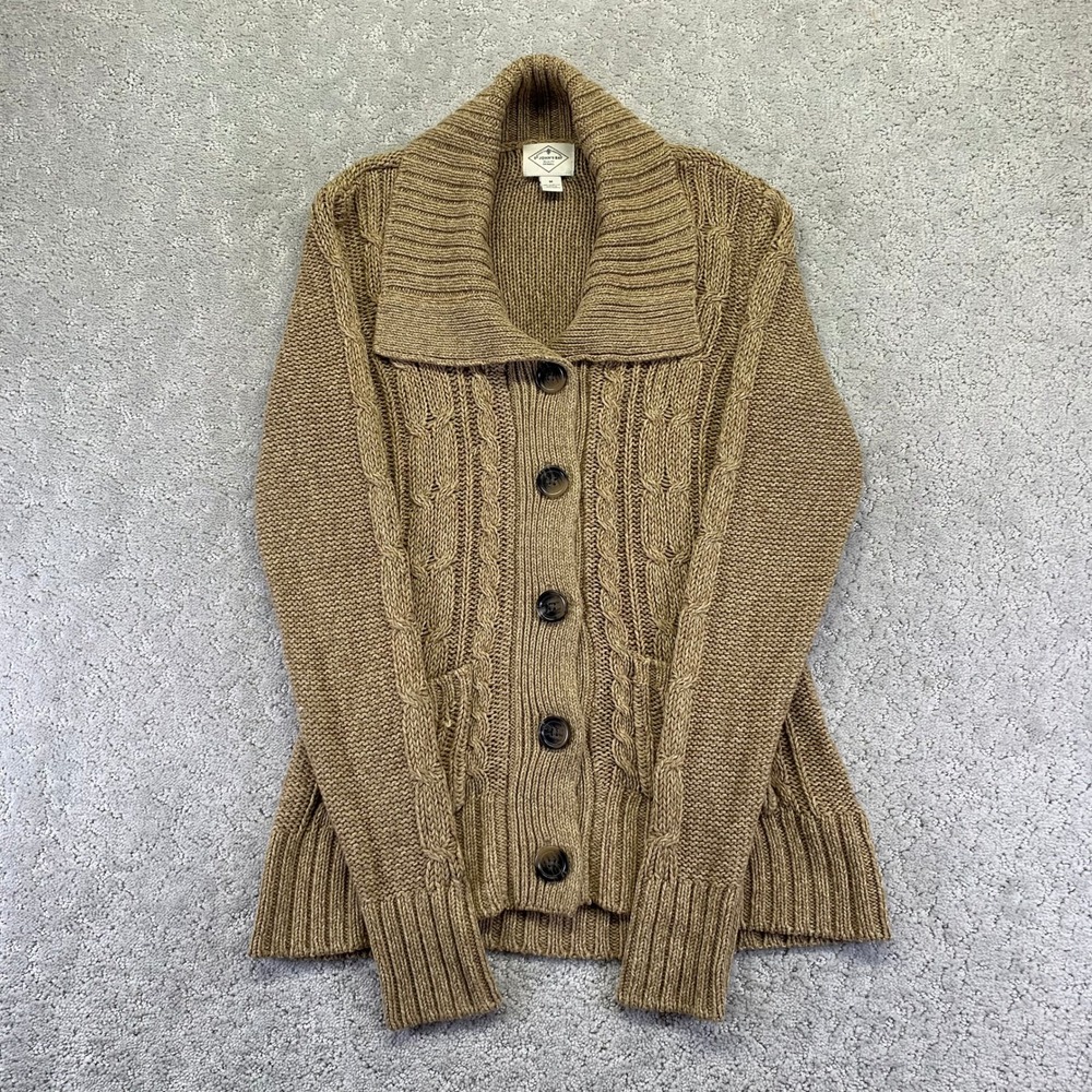St Johns Bay Womens Cardigan Sweater‎ Medium Beige Brown Button Front cable Knit